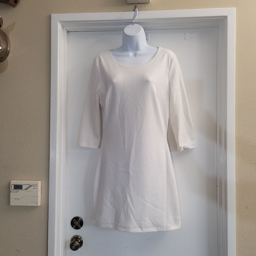 Marciano white dress with gold thread throughout and a gold zipper